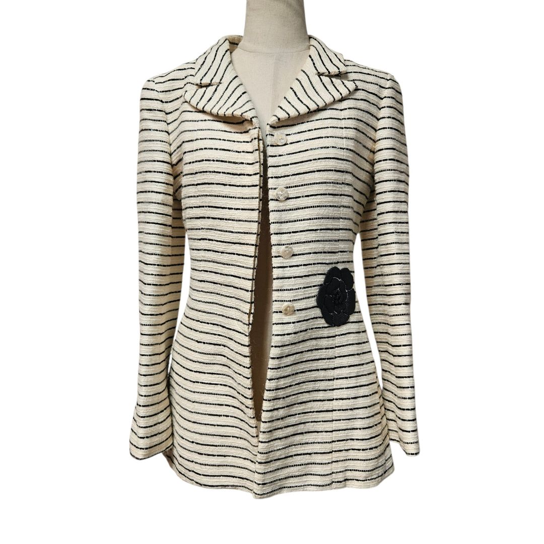 Chanel 2001 Camellia Tweed Striped Jacket Cream Black Boucle Tweed