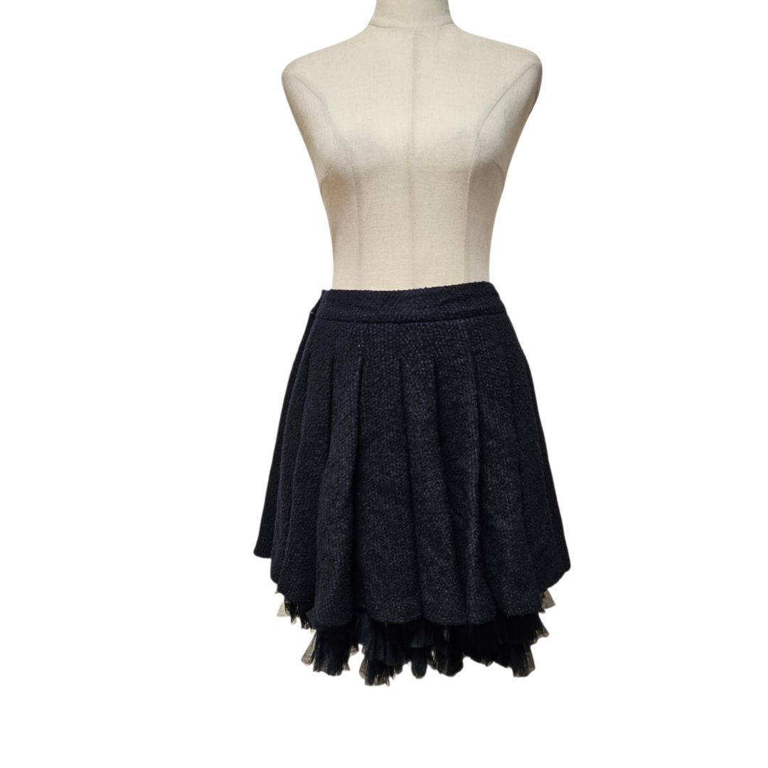 Chanel Navy Blue Bouclé Pleated Mini Skirt Tulle Hem, size FR40