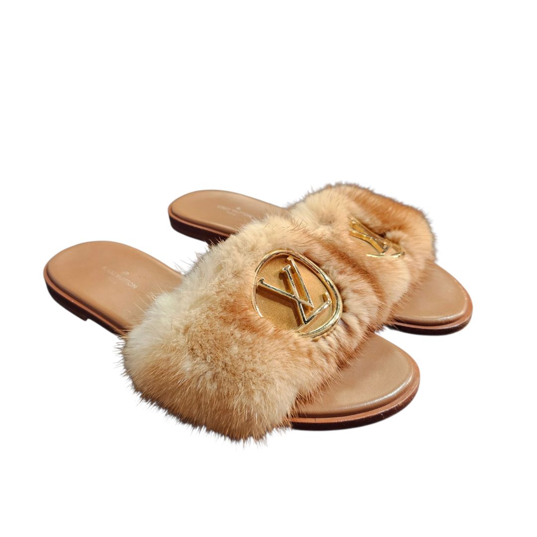 Louis Vuitton Tan Mink Fur Leather Lock It Flat Mule, Size 37