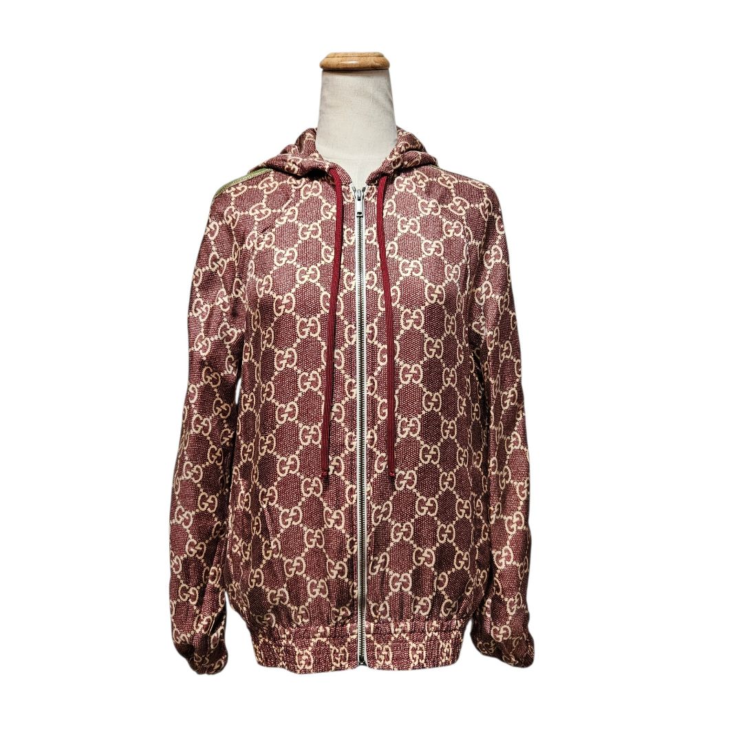 Gucci Red & Beige GG Supreme Print Silk Hoodie Jacket