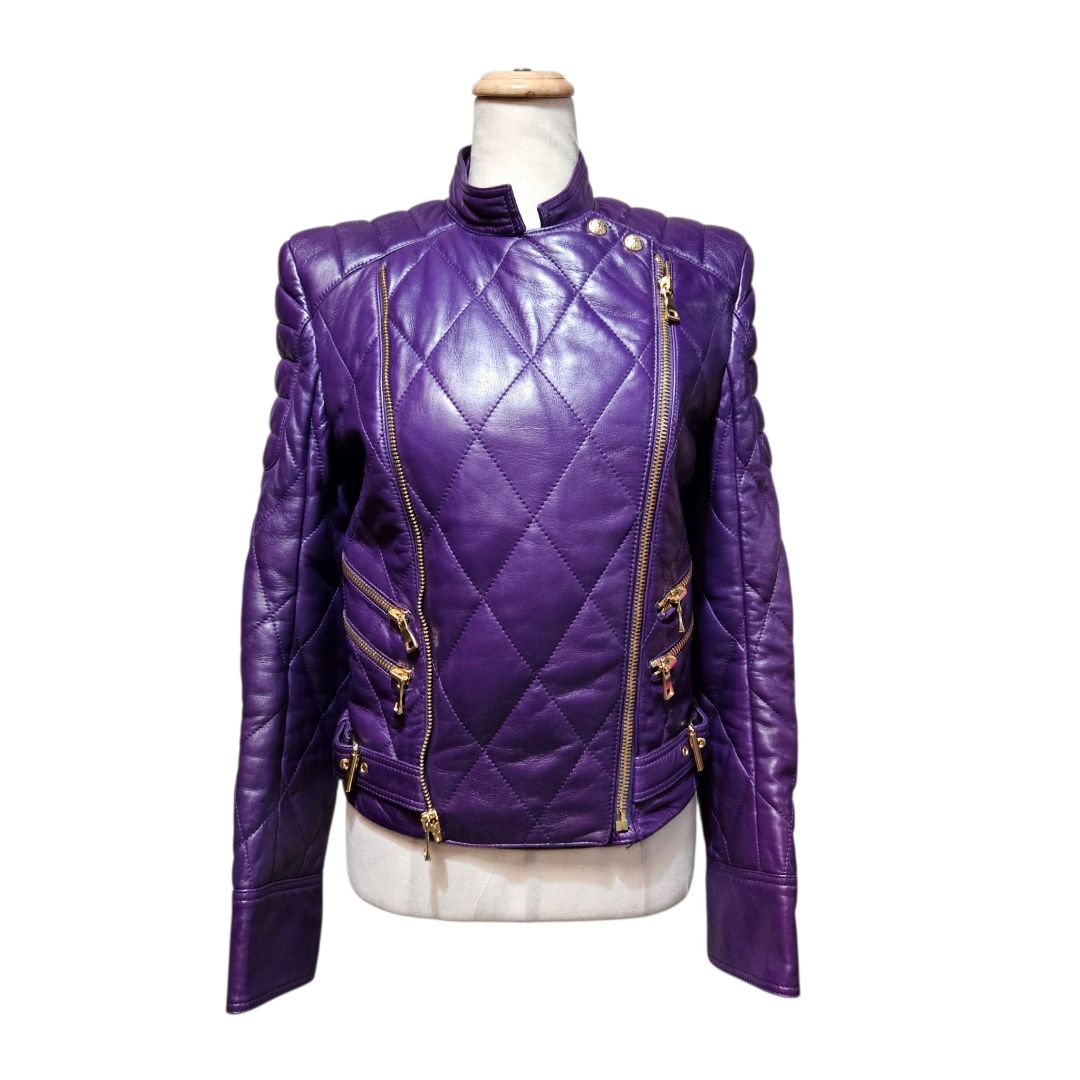Balmain Purple Quilted Leather Jacket