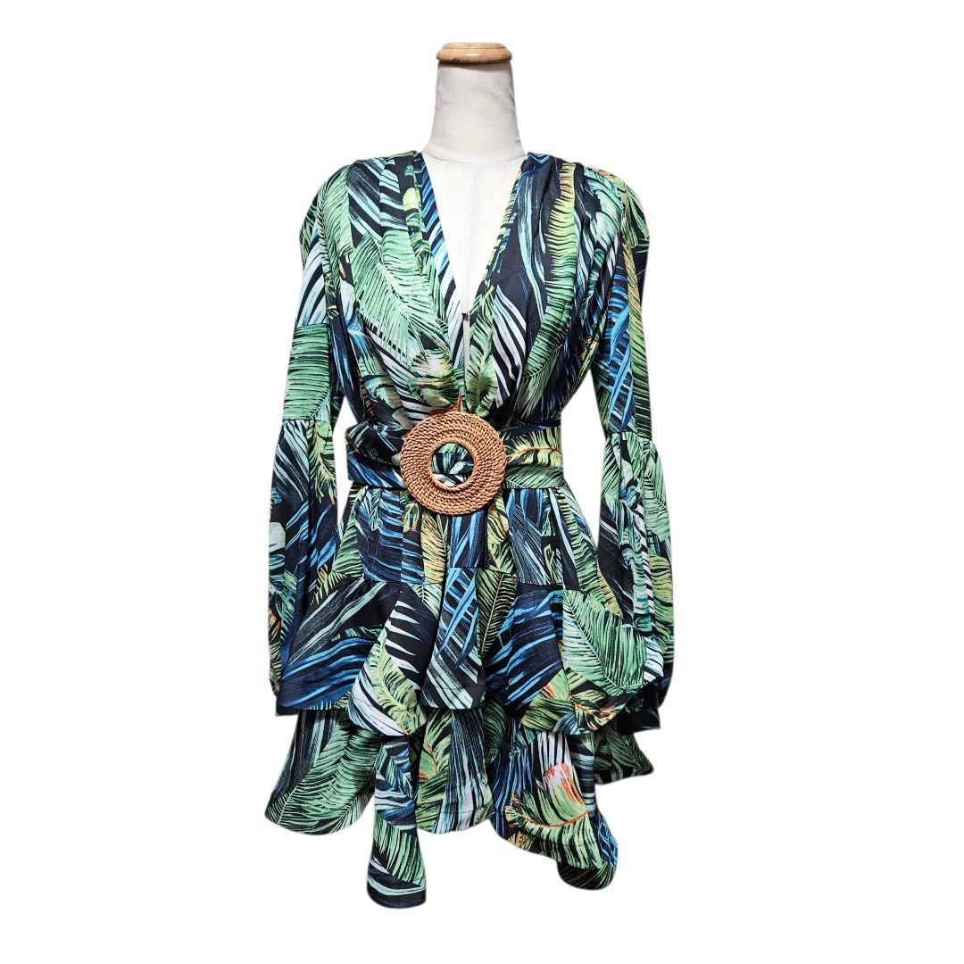 Bronx & Banco Tropical Leaf Print Green/Black Chiffon Mini Dress
