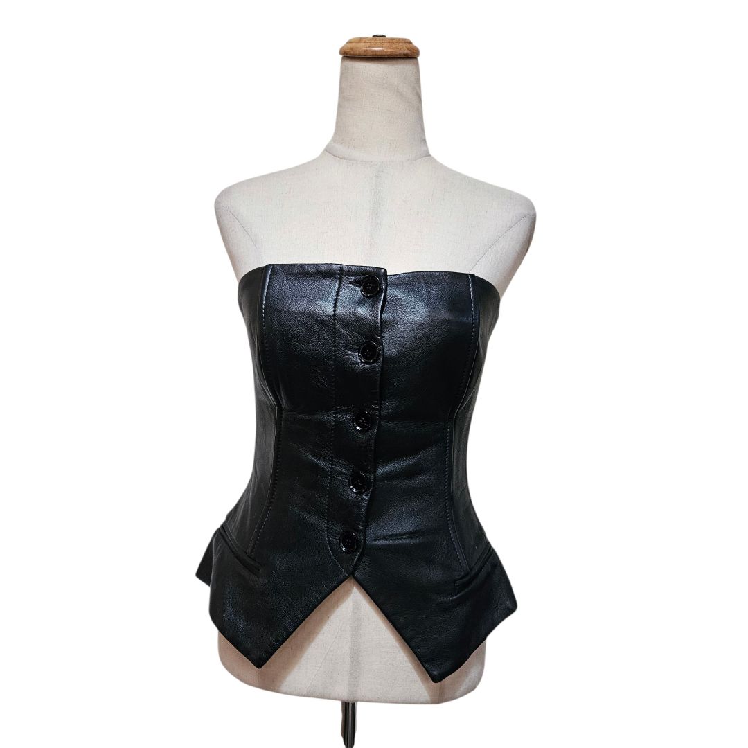 Fantome Black Leather Button Tube Vest Top