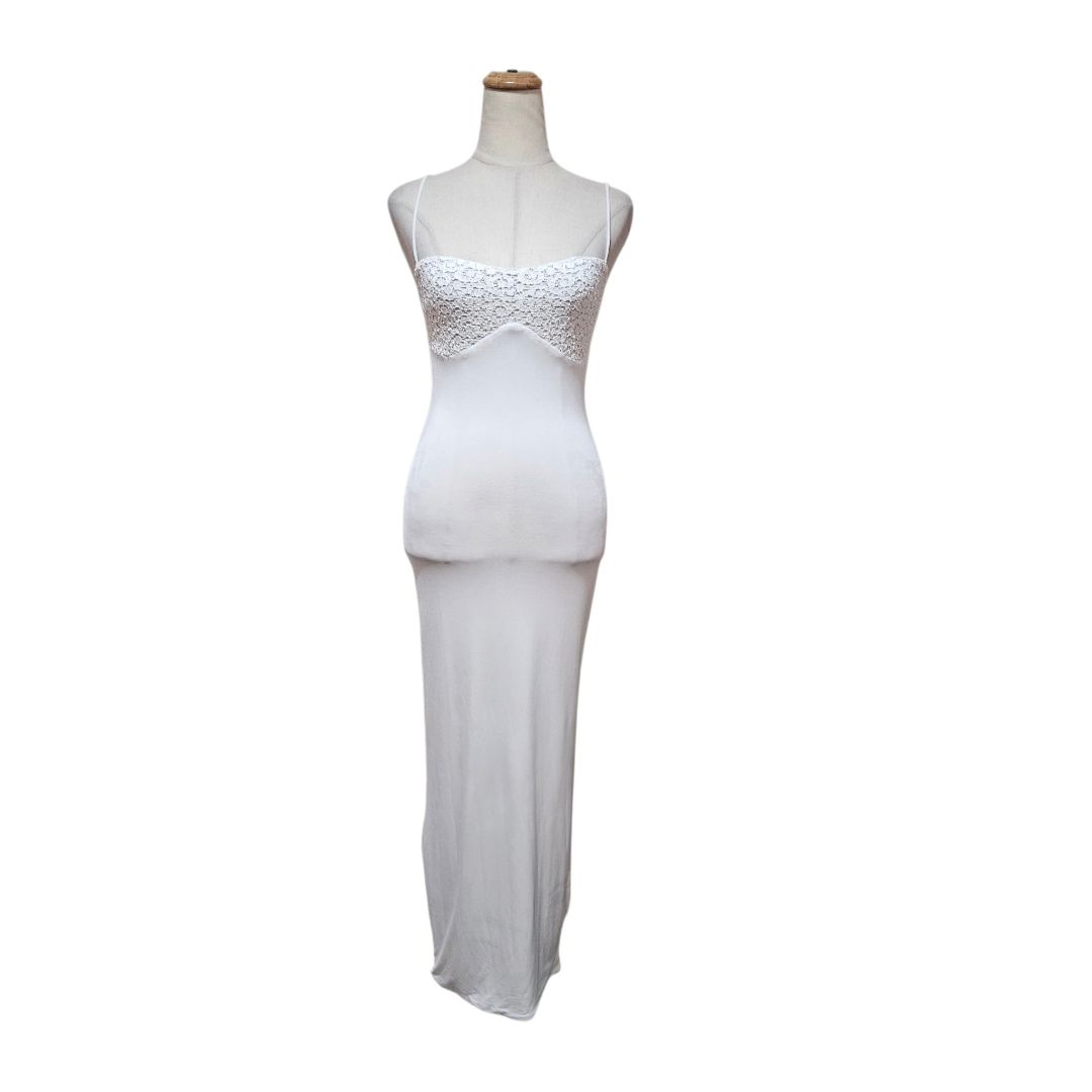 White With Lace Detail On Bustier Bodycon Maxi Dress