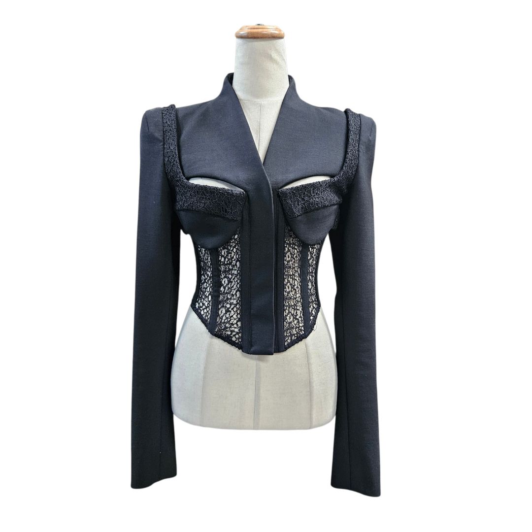 Dion Lee Black Long Sleeve Corset Embroidred Lace Vest Jacket
