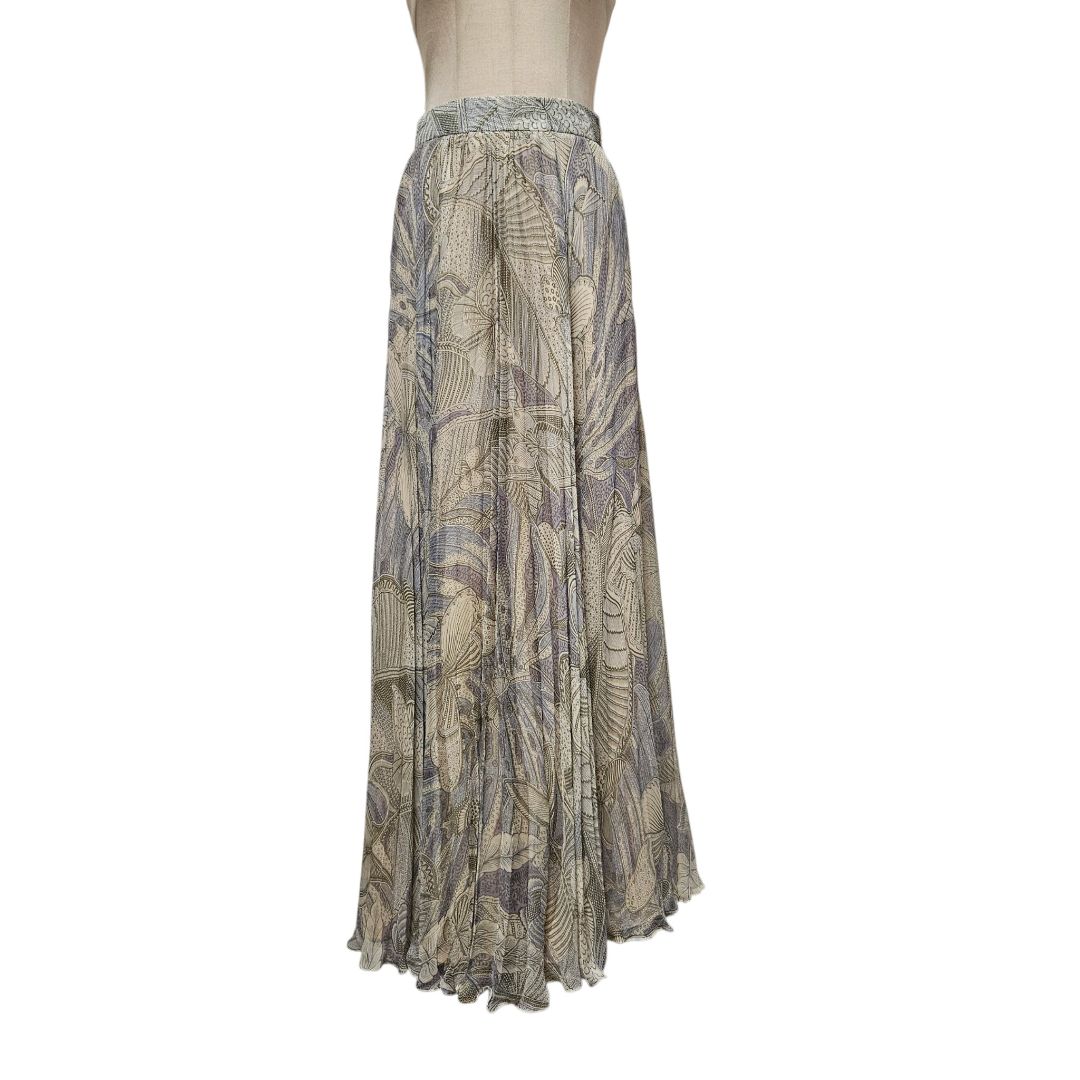 Valentino Roma Paisley Print Blue and Grey Silk Pleated Maxi Skirt