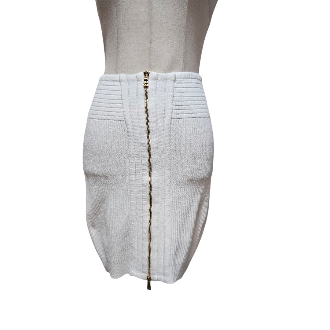 Balmain White Knitted Ribbed Whith Zipper Mini Skirt