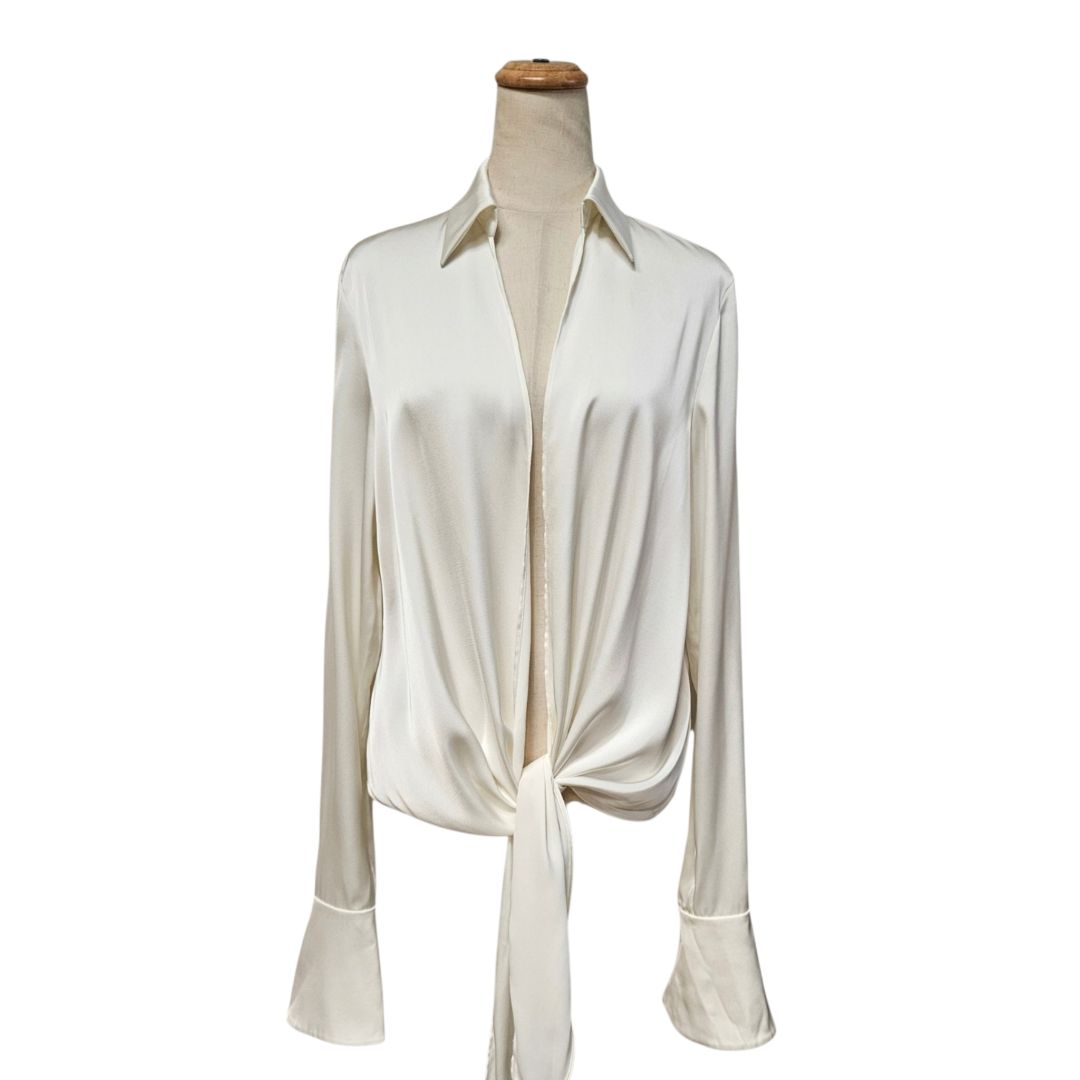 Rat and Boa Cream Silky Front Tie Longsleeve Top