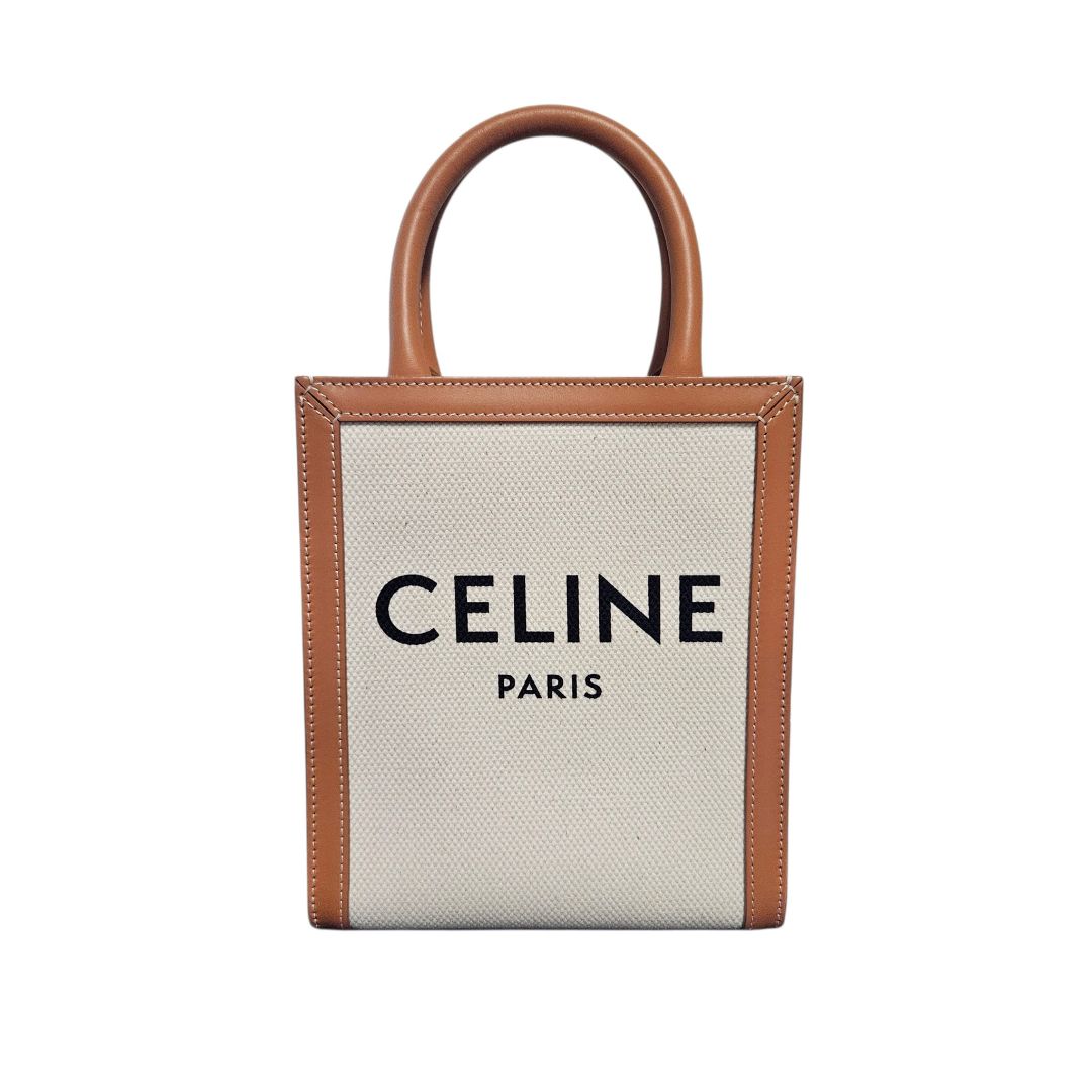 Celine Mini Vertical Cabas Triomphe Canvas Calfskin Natural Tan Tote Bag