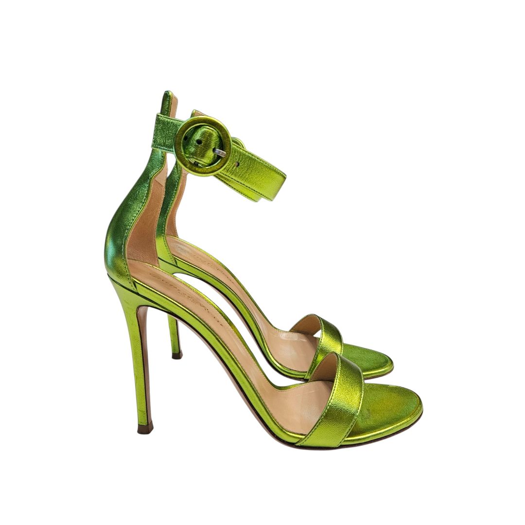 Gianvito Rossi Metallic Green Portofino Ankle Strap Sandal, Size 38