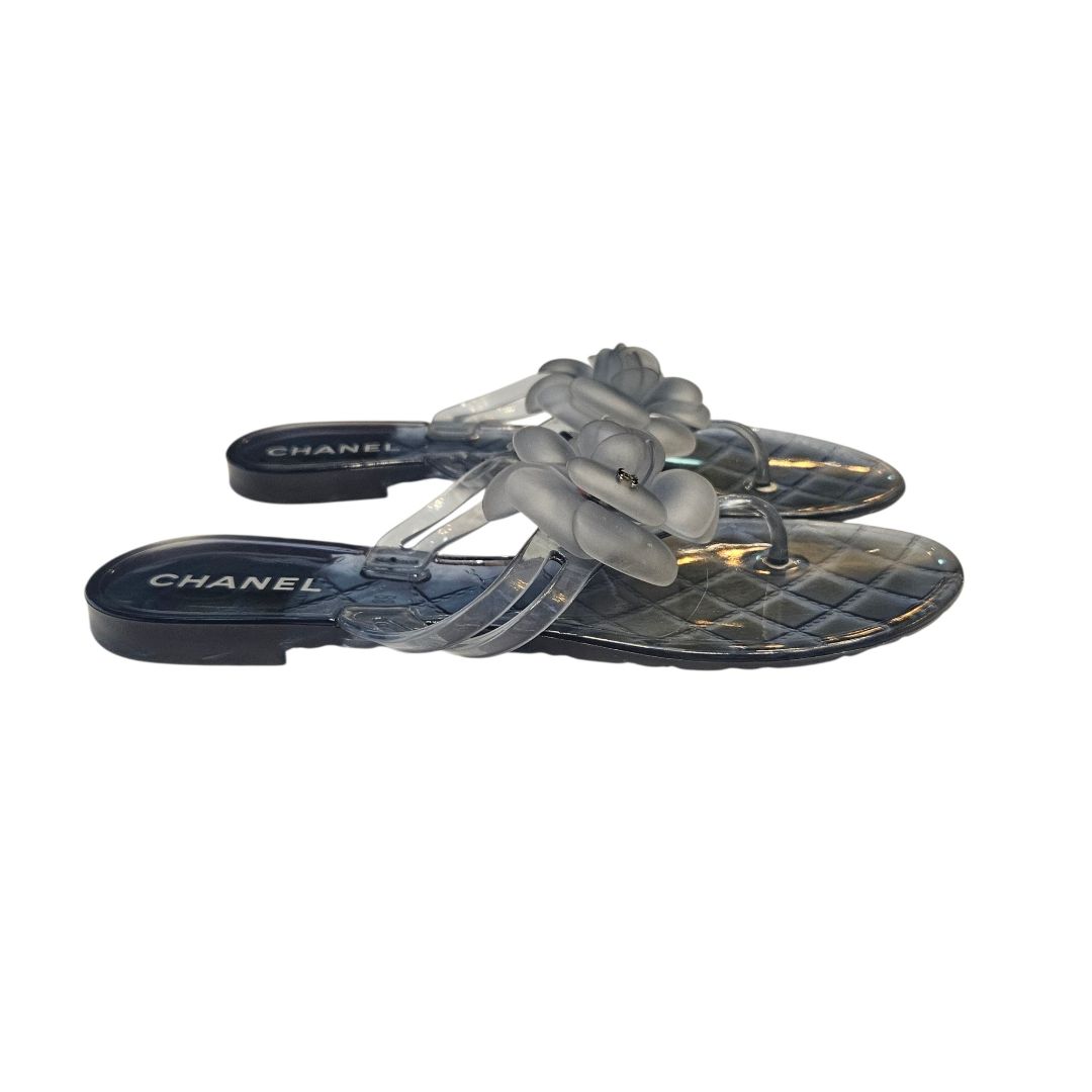 Chanel Blue Clear Rubber Camellia Thong Sandal, Size 38