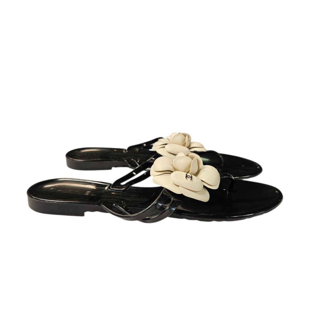 Chanel Black Rubber White Camellia Appliqué Thong Sandal, Size 38