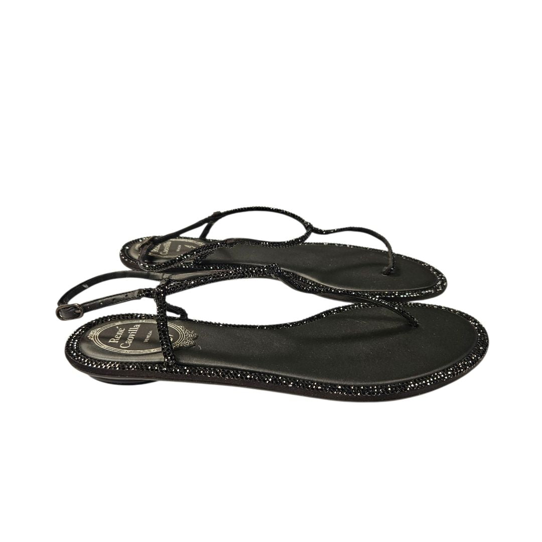 René Caovilla Black Satin Diana Crystal-Embellished Sandals, Size 38.5