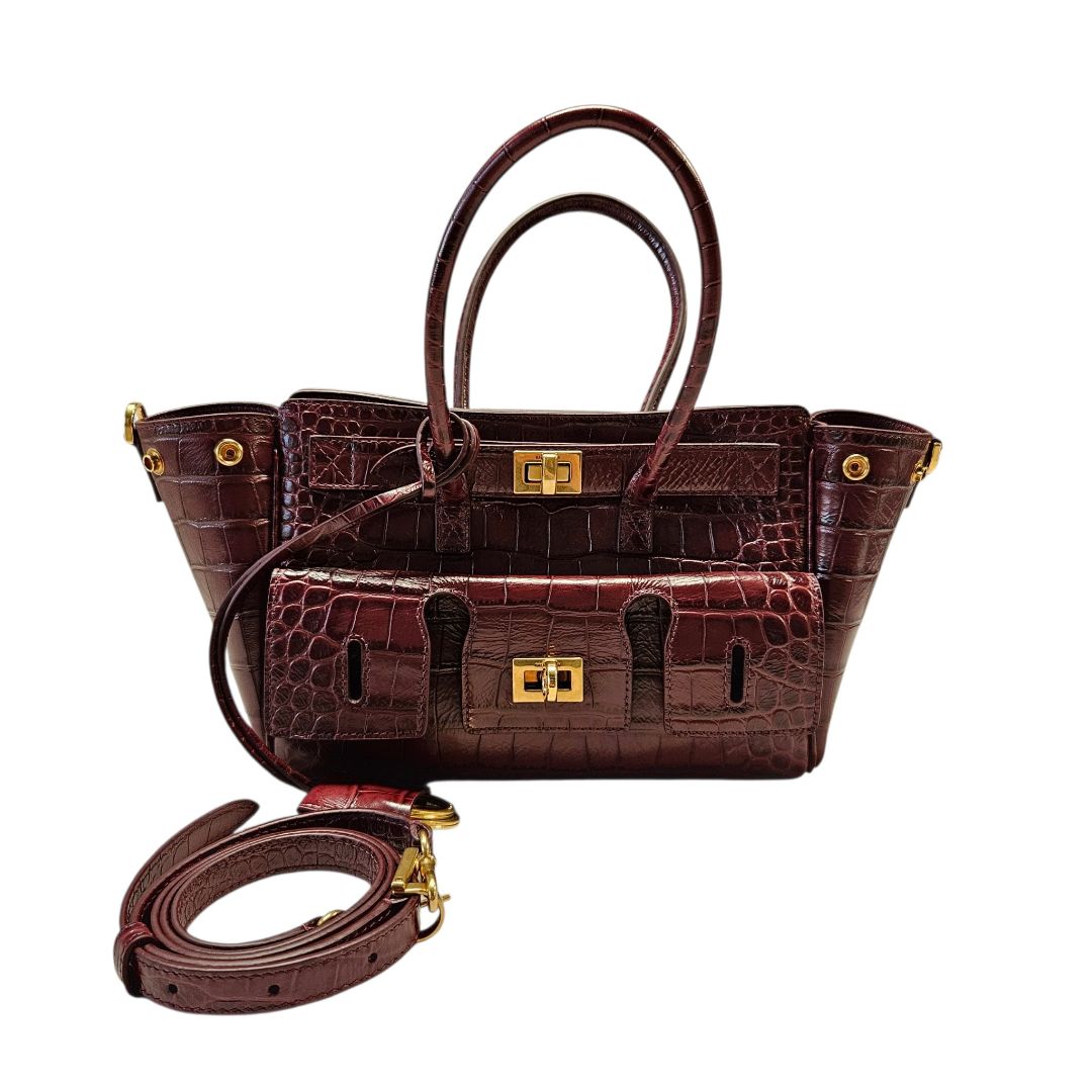 Balenciaga Mini Bel Air Croc-Embossed Leather Carryall Bag
