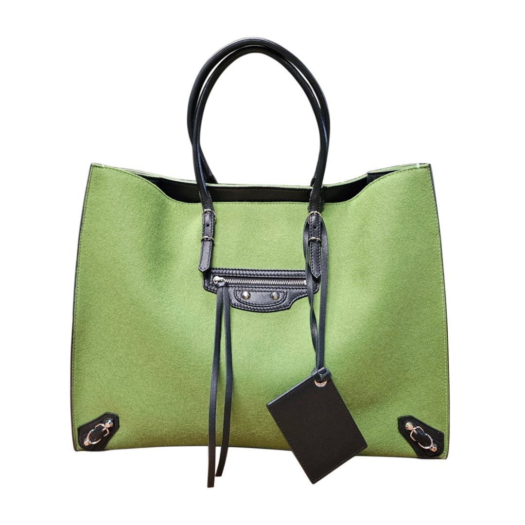 Balenciaga Papier A4 Green Wool With Black Leather Trim Tote Bag
