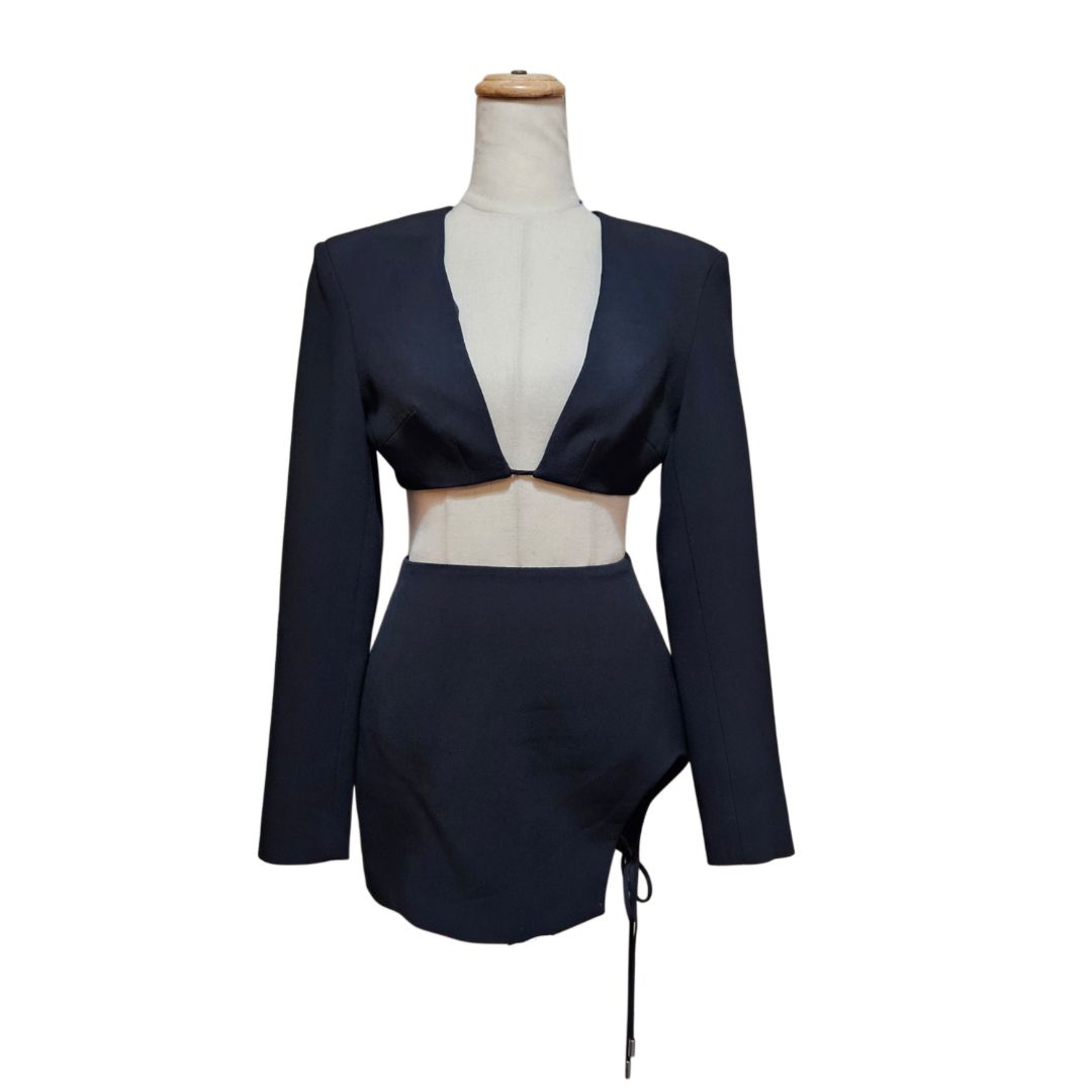 David Koma Black Padded Shoulder Crop Blazer with Skirt Set
