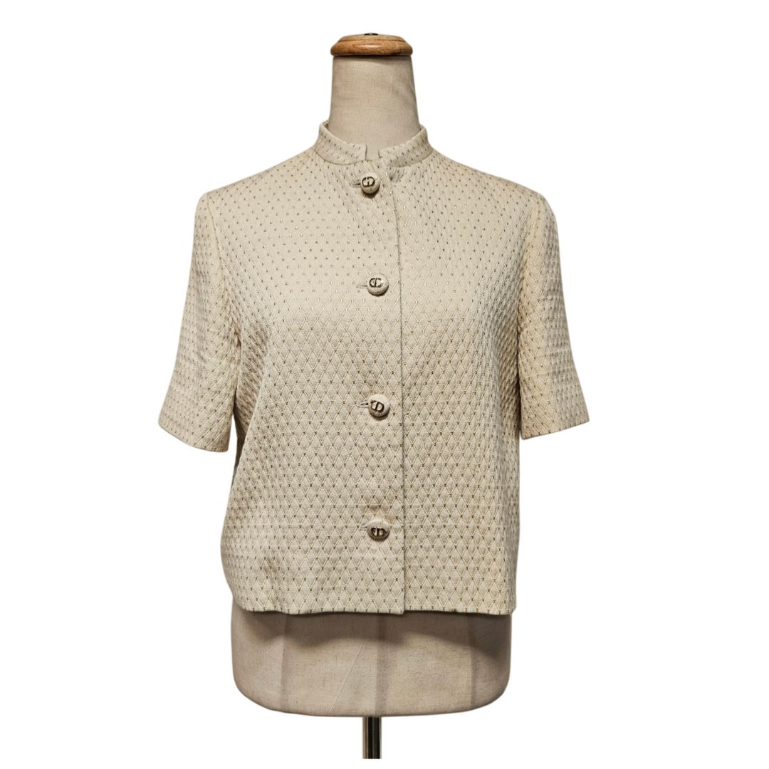Christian Dior Short-Sleeve Textured Geometric Tweed Metallic Gold Button Jacket