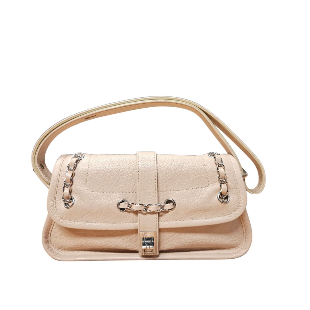 Chanel Mademoiselle Lock Chain Shoulder Bag Beige Leather