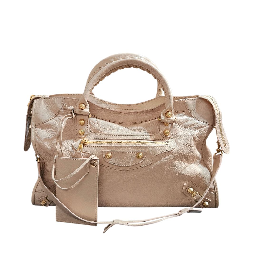Balenciaga Blush Pink Crinkled Leather With Gold Hardware City Bag