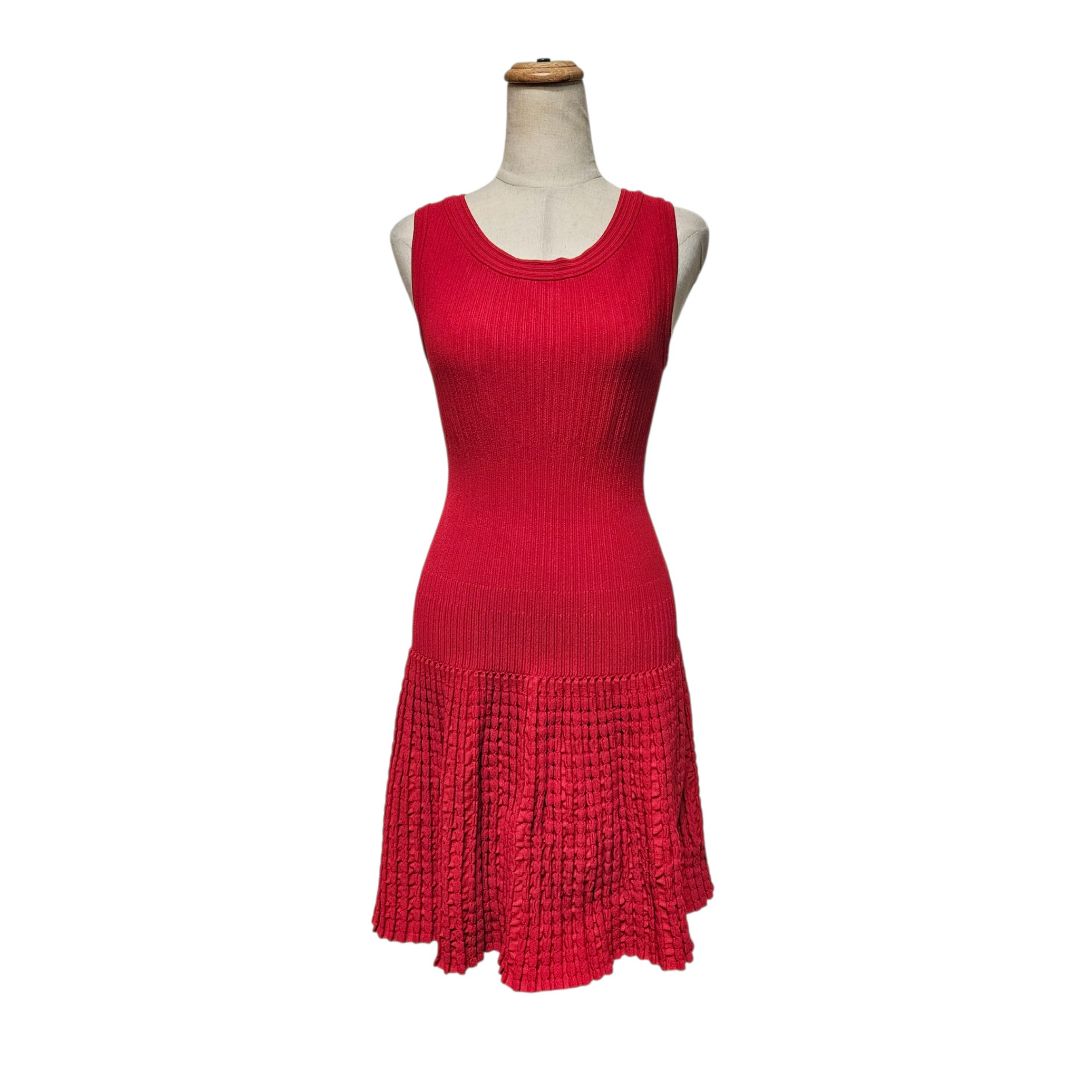 Alaia Drop-Waist Knit Coral Red Ribbed Mini Dress