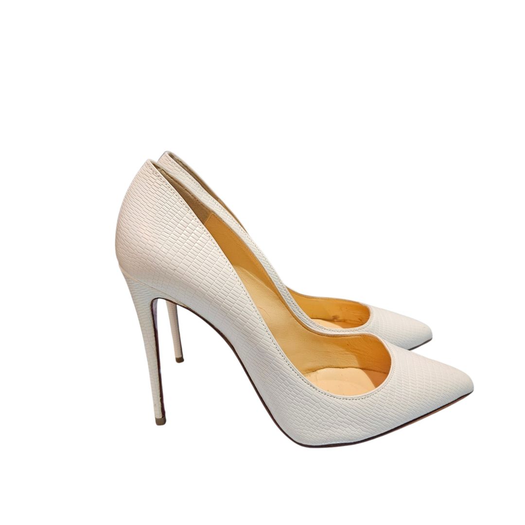 Christian Louboutin Pigalle Follies 100 White Lizard-Embossed Leather Pumps, Size 38.5