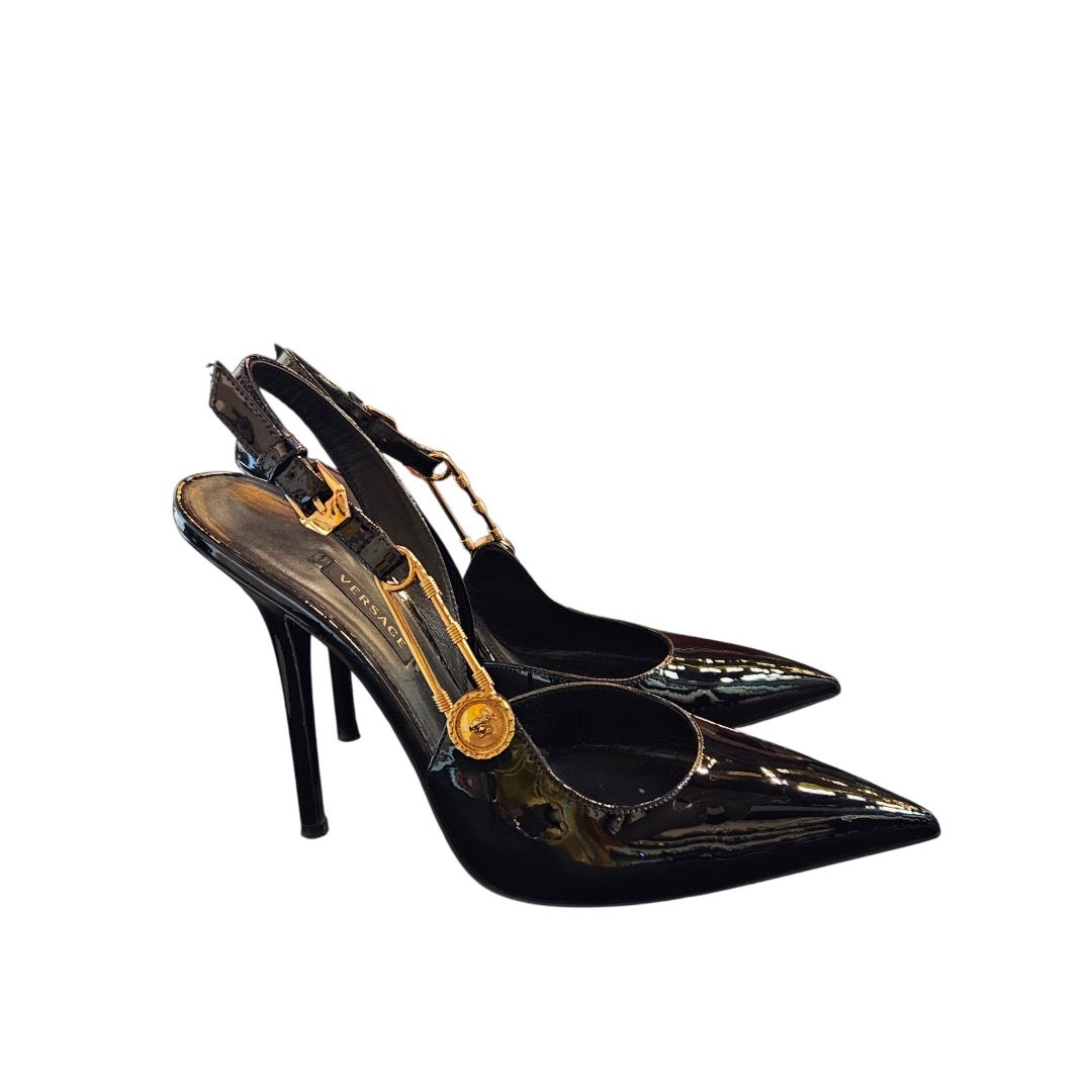 Versace Black Patent Leather With Gold Medusa Pin Detail Strap Pointed Toe Pumps, Size 37