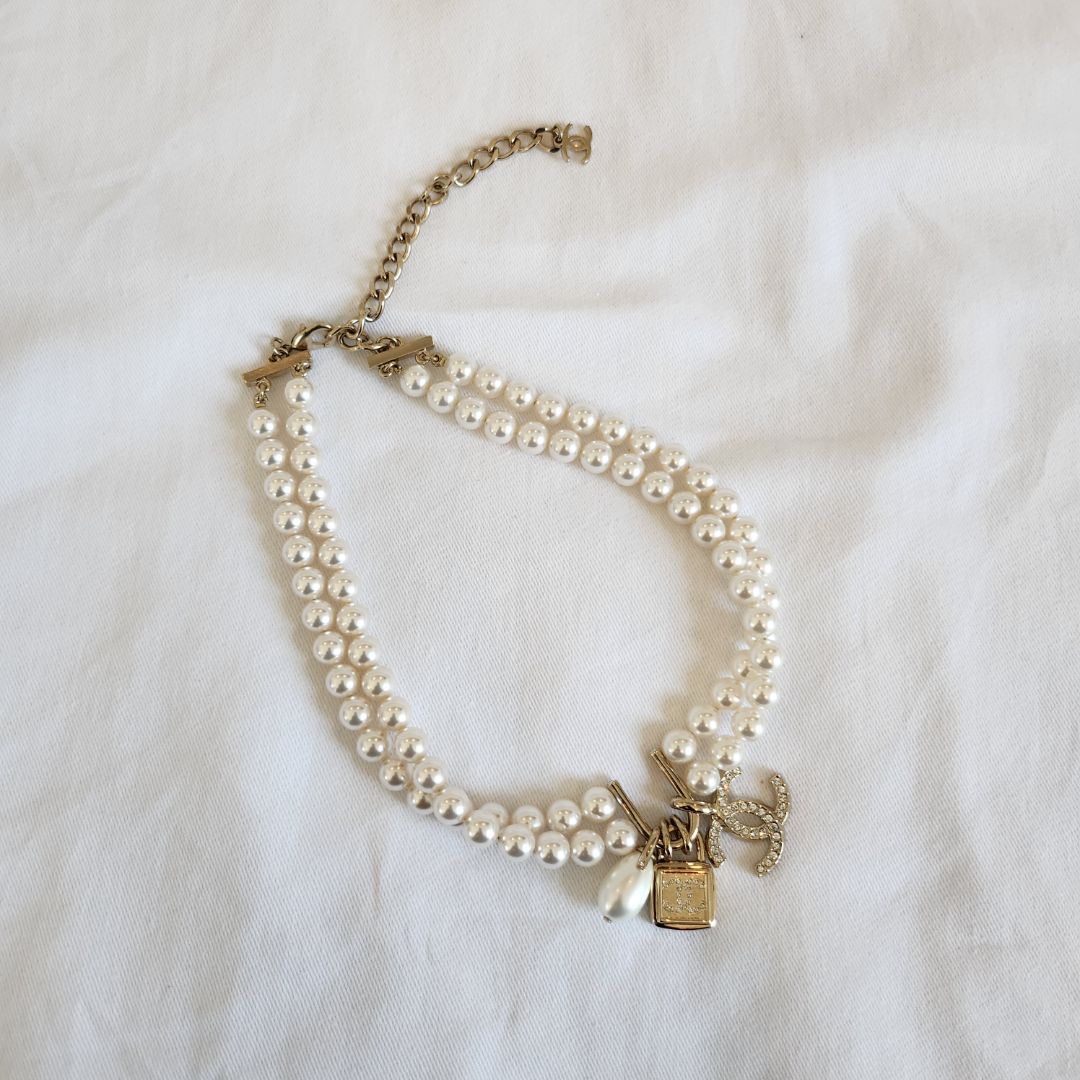 Chanel faux pearl double layer choker necklace
