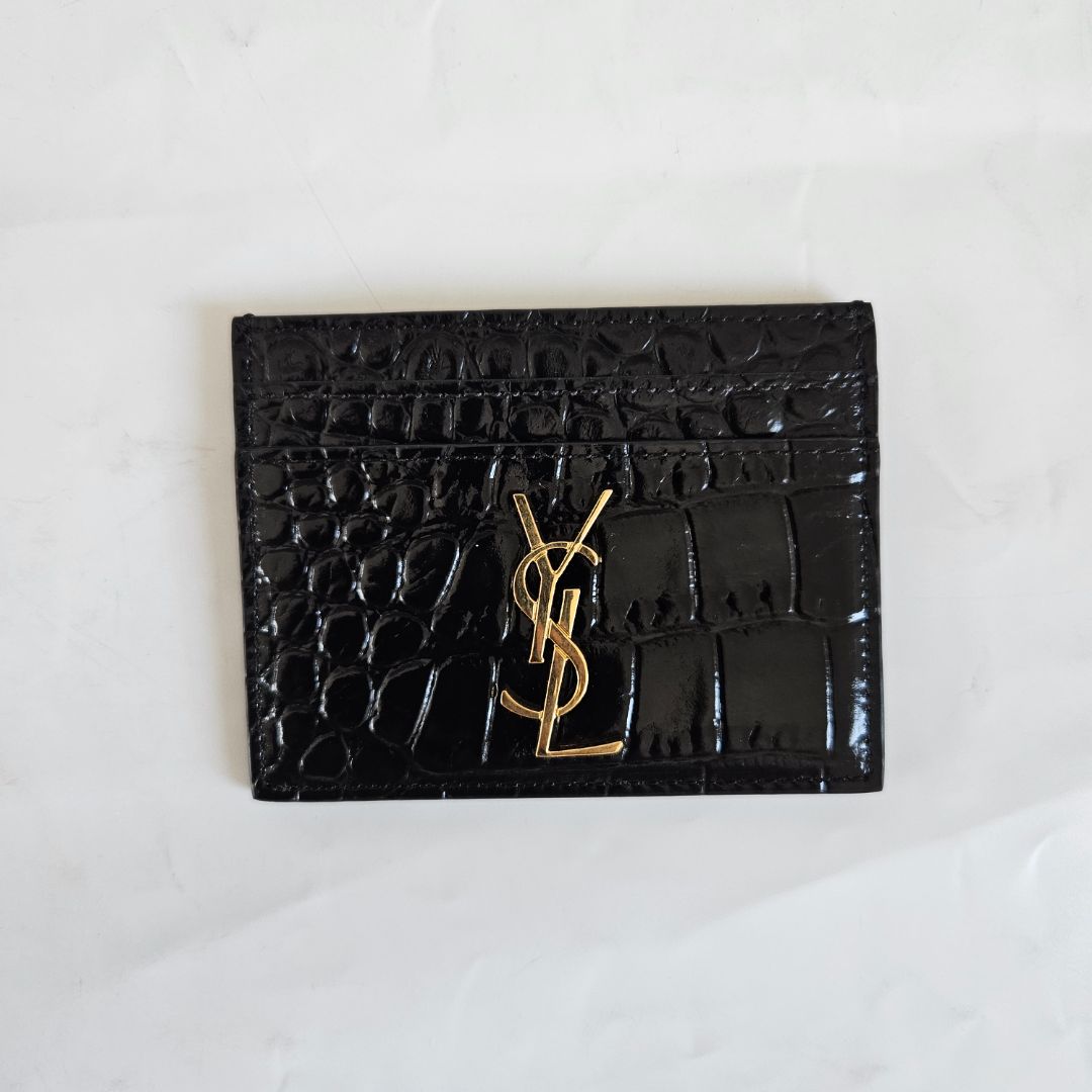 Saint Laurent black crocodile embossed cardholder with gold monogram