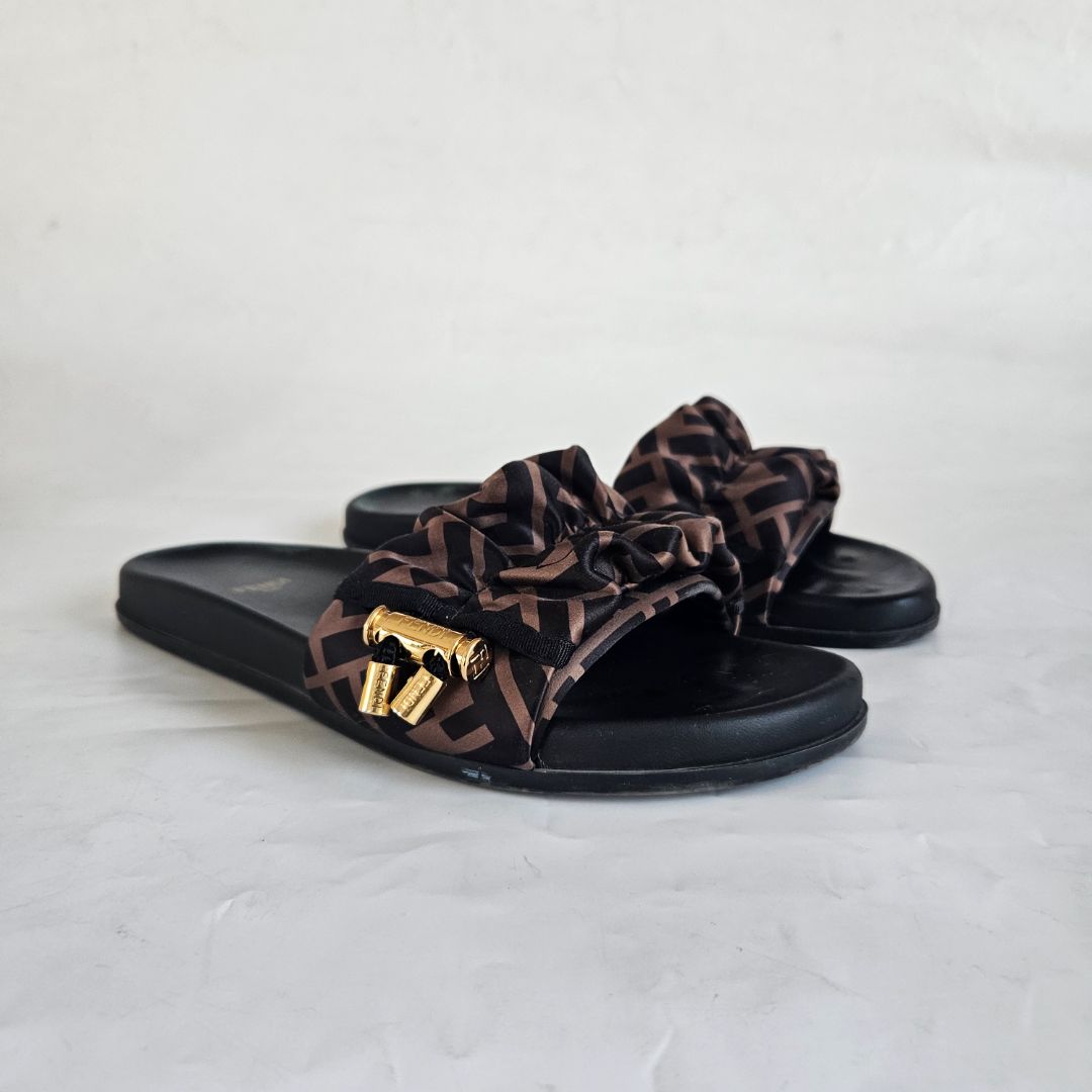Fendi brown FF satin slides, 38