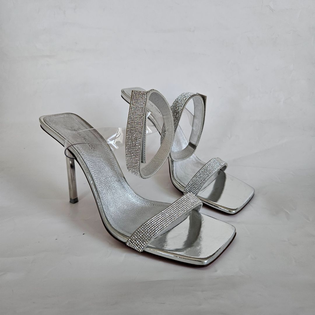 Amina Muaddi Rih crystal-embellished mirrored-leather sandals. 38.5