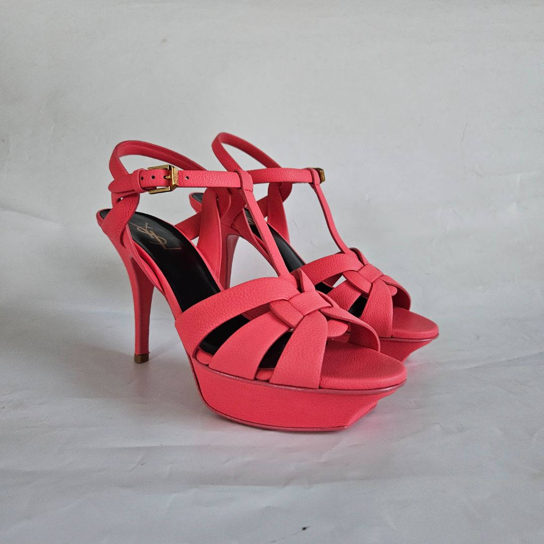 Saint Laurent pink textured leather tribute sandal heels, 39
