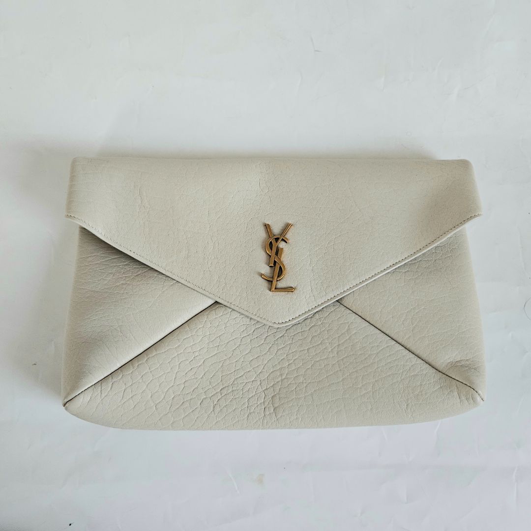 Saint Laurent Large Cassandre Envelope Pouch in white Lambskin Leather