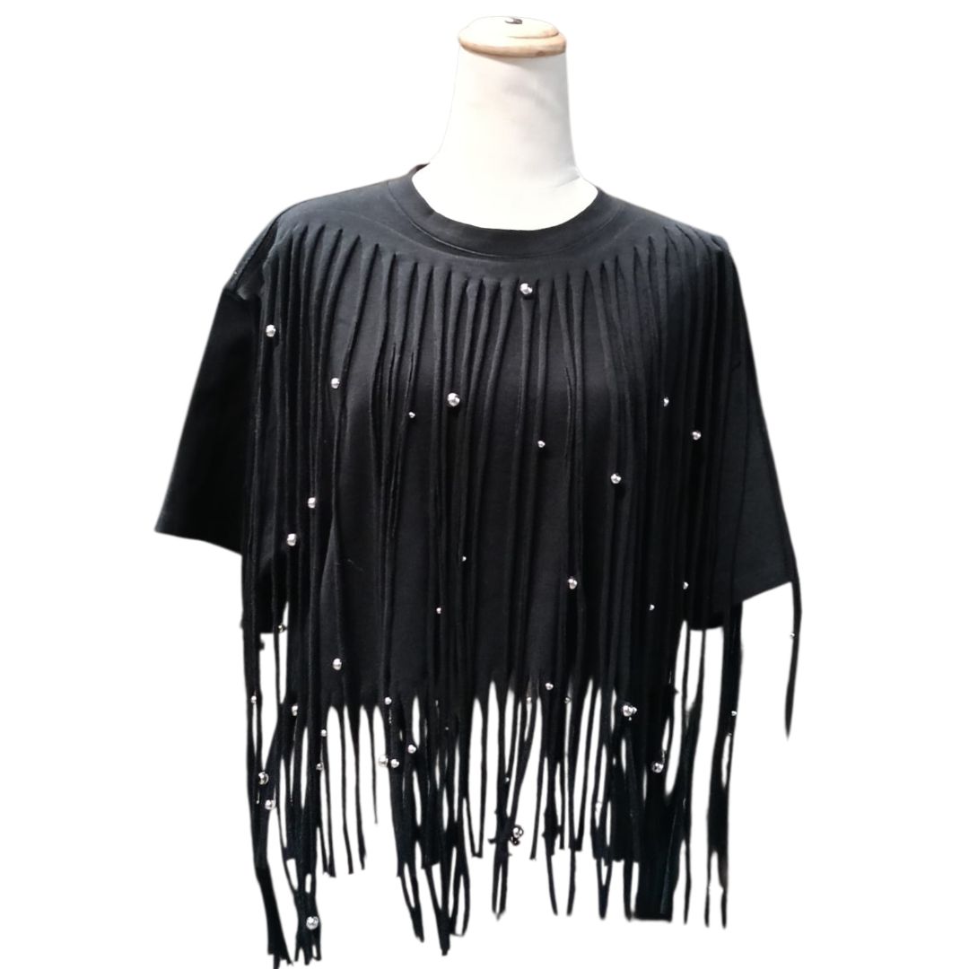 Isabel Marant Black Bianea Beaded Fringe T-Shirt, Size Large