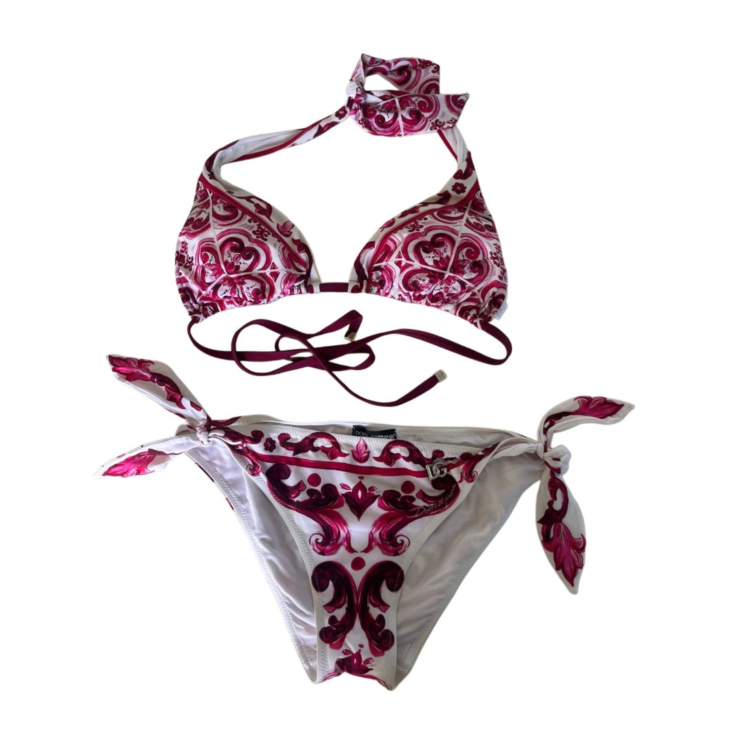 Dolce & Gabbana White/Pink Majolica Padded Triangle Bikini