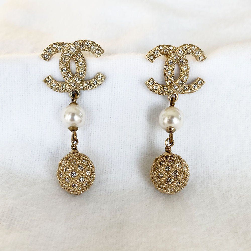 Chanel gold-tone crystal embellished sphere dangle earrings