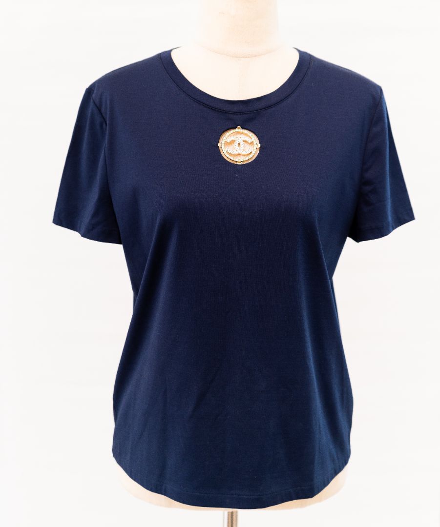 Chanel Navy T-shirt with Crystal Embellished Metal Detail