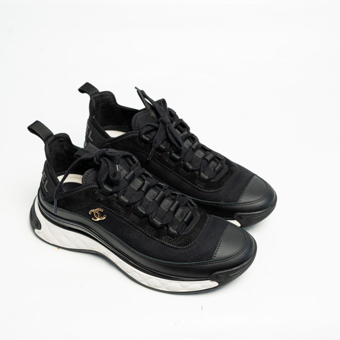 Chanel Black Suede CC Low Top Sneakers Size 37.5