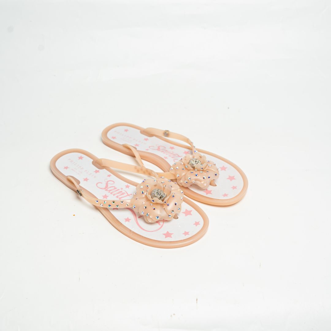 Philipp Plein pink rubber thong sandals with crystal embellished floral