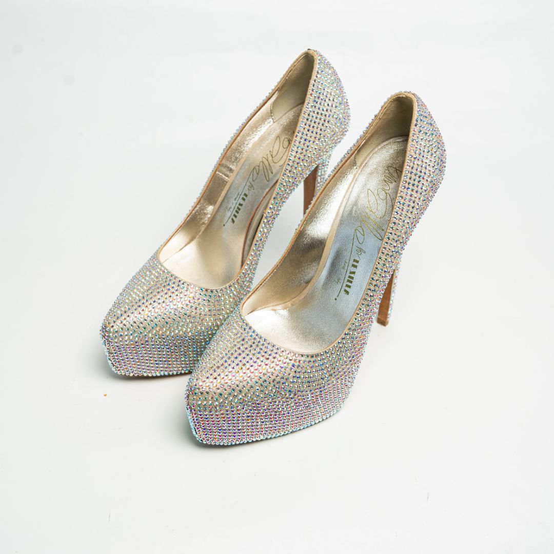 Le Silla Le Silla Metallic Blue Crystal Embellished Leather Toe Platform Pumps, 38.5