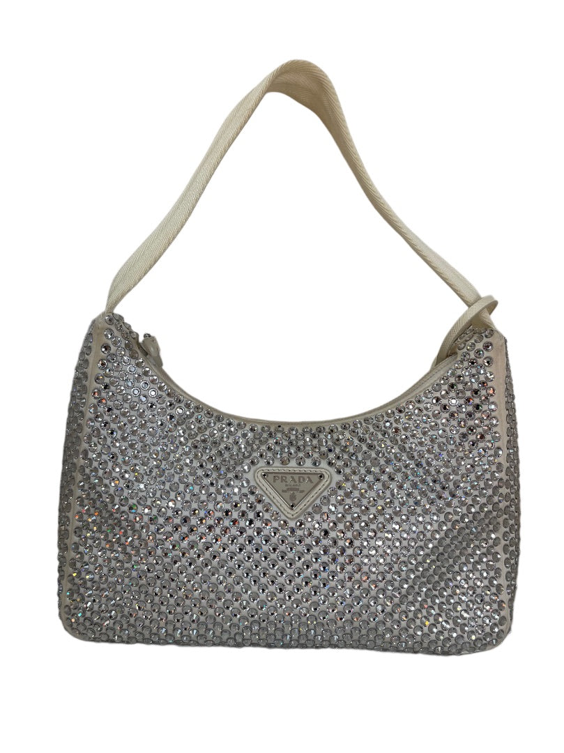 Prada White Re - Edition 2000 Satin Crystal Embellished Shoulder Bg