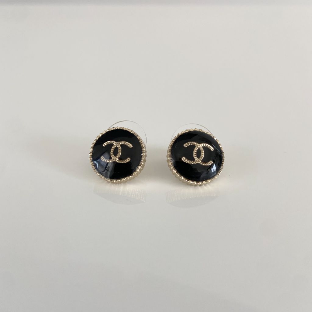 Chanel Black Stud CC Small Flat Top Round Earring