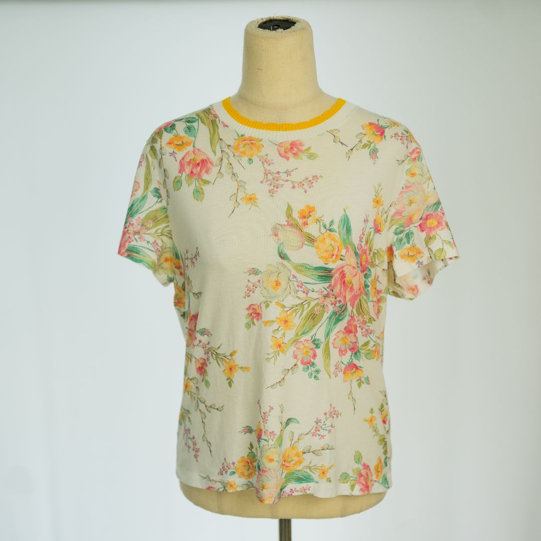 Zimmermann white/floral print pink yellow and white ribbed neckline