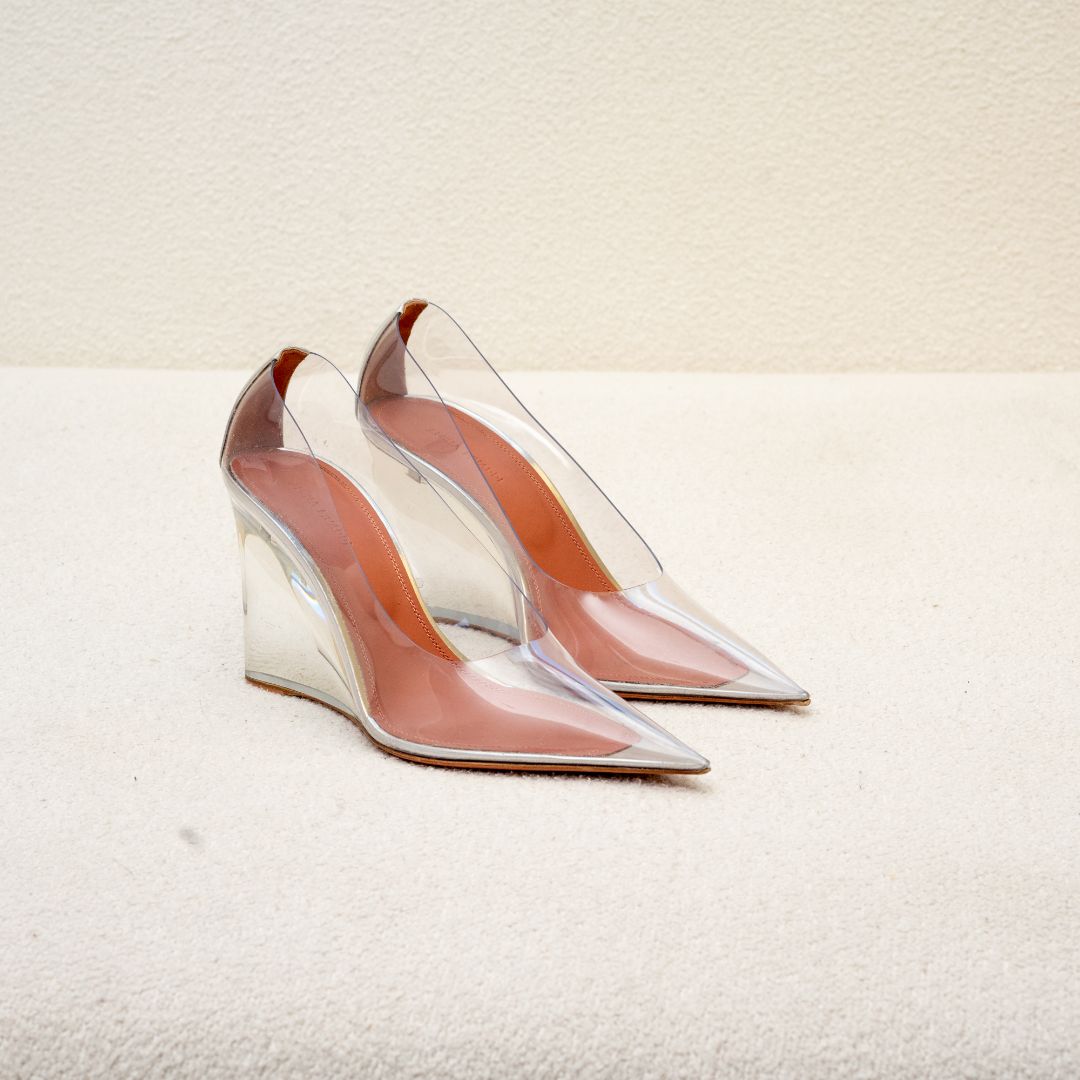 Amina Muaddi Ane Wedge Glass Pumps, 40