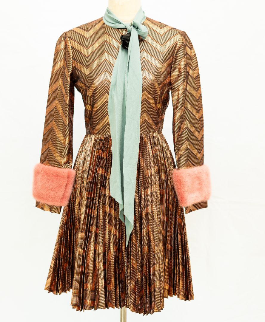 Gucci bronze zigzag dress blue bow pink fur cuffs