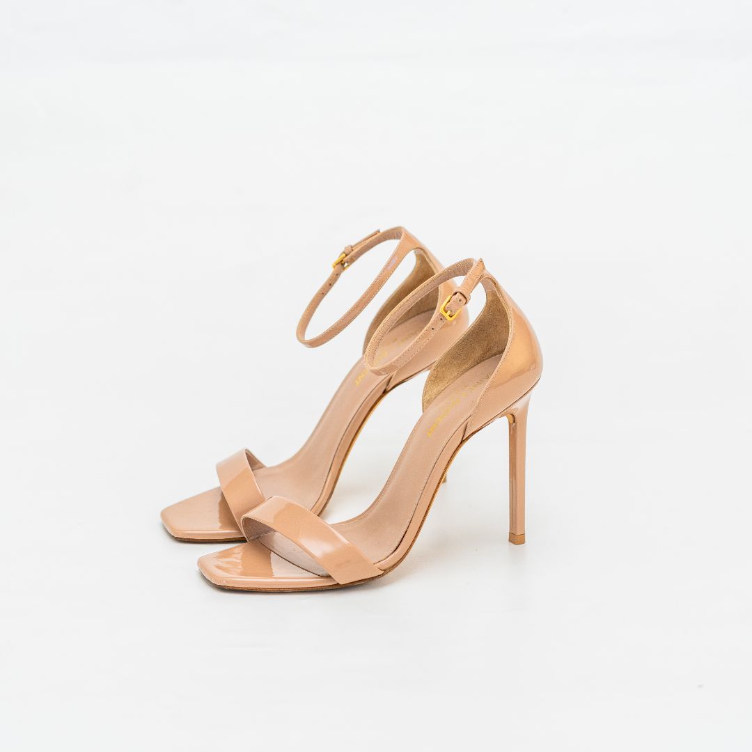 Saint Laurent beige patent leather square toe ankle strap sandals, 37