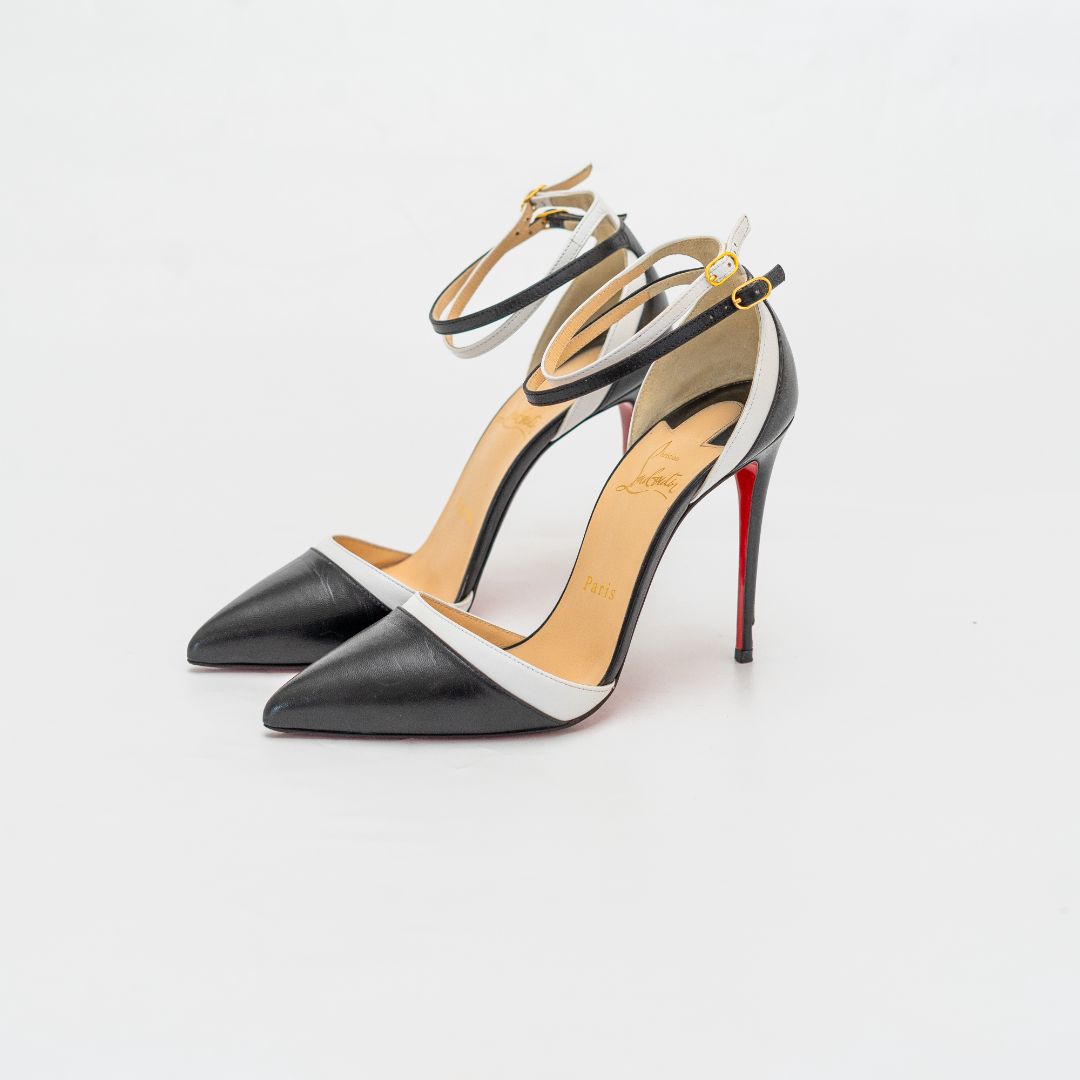 Christian Louboutin Black and white Pointed Toe Ankle Strap Pumps, 37