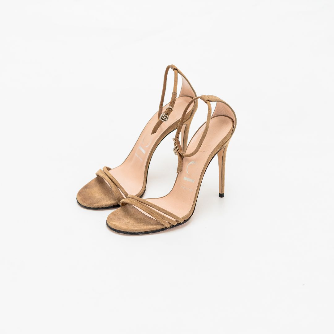 Gucci Nude Suede Strappy Sandal Heels, 37
