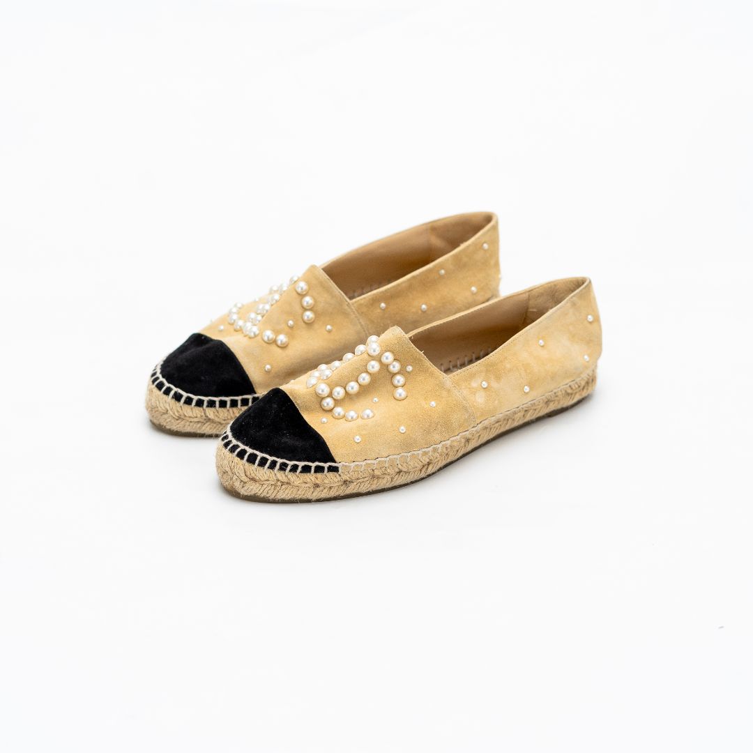 Chanel Suede Nude Pearl Embellished Espadrilles, 37
