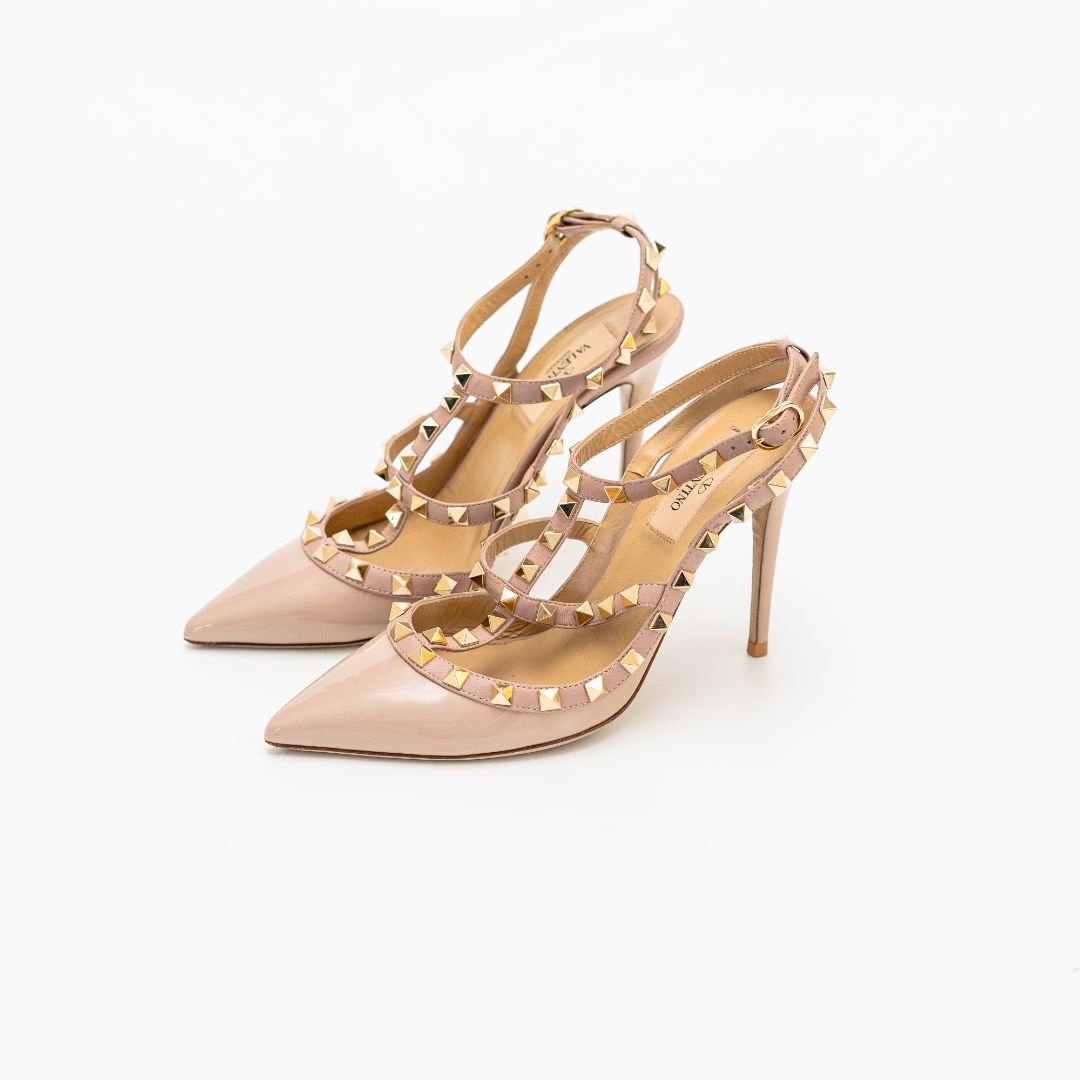 Valentino Beige Rockstud Leather Sandal Heels, 37