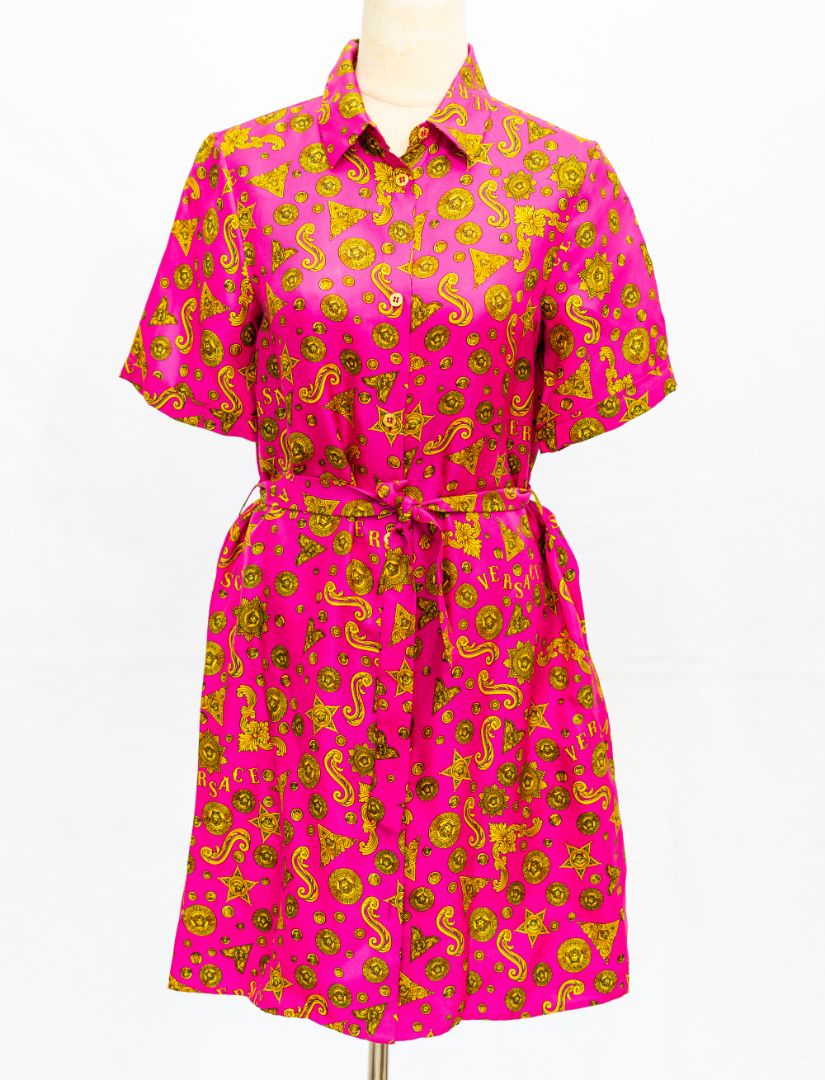 Versace pink floral print belted shirt dress